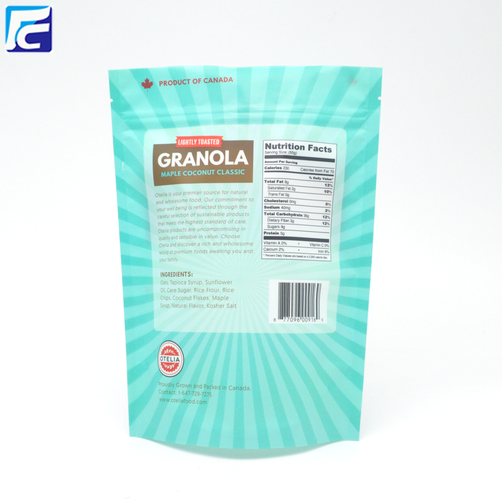 Resealable ziplock food packaging bag for granola