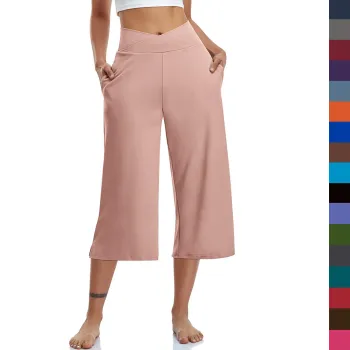 Womens Butter Casual Wide Leg Yoga Capris: High Waist Capri Pants with Pockets - Soft and Comfortable Pajama Style Sweatpants