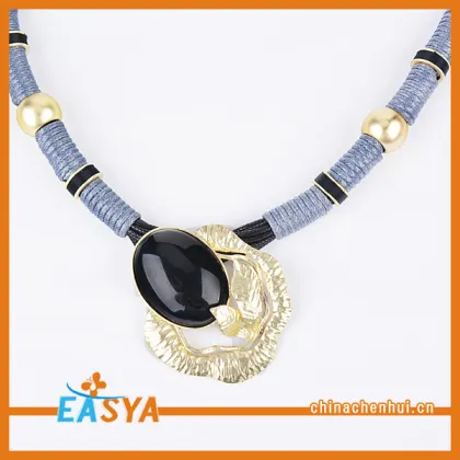 Gold Pendant Bead Chain Necklace Black Stone Necklace