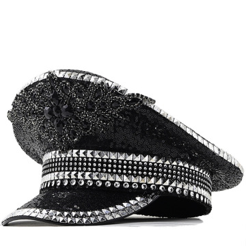 Topi sarjan kapten hitam pengantin dengan sequin hitam dan rhinestone untuk orang dewasa