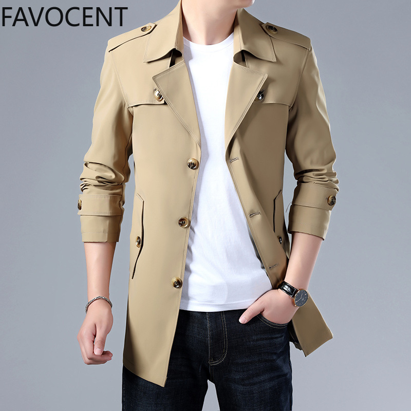 Mens Trench Long Coat Fashion Male Solid Color Casual Mens Trench Coat Jacket Spring Autumn Overcoat Military Turn-down Collar