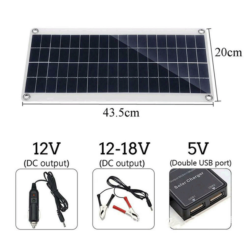 30W Solar Panel Dual USB Output Solar Cells Poly Solar Panel 10/20/30/40/50A/60A Controller for 12V/24V Battery Power Charger