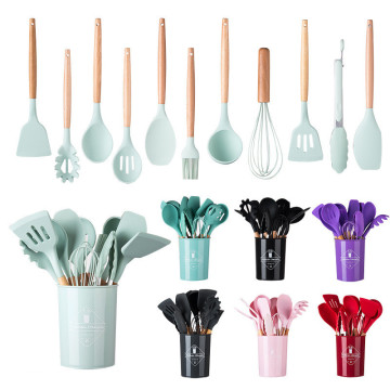 11-Piece Silicone Kitchenware Set with Wooden Handles - High Temperature Cooking Utensils