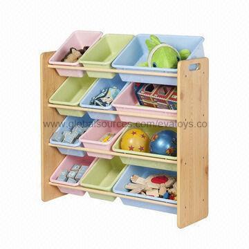 2013 New Popular Design Wooden Toy Bin Organizer for Kid's, with 12-bin Plastic Boxes