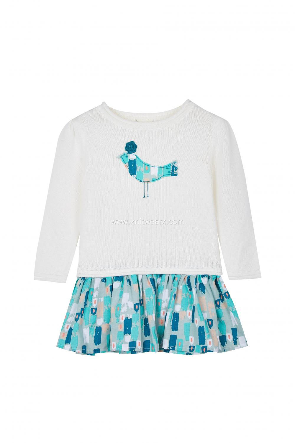 Girl's Knitted Crew Neck Pullover Print Skirt