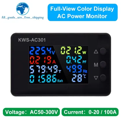 KWS-AC301 Wattmeter: AC 50-300V Voltage Power Analyzer with 0-20/100A Detection