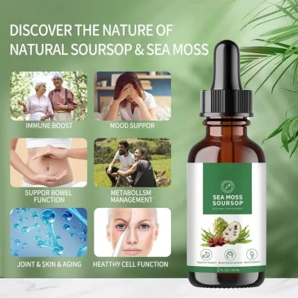 OEM 10 in 1 Sea Moss Soursop Liquid Drops for Immune Support Detox Antioxidant Digestive Health