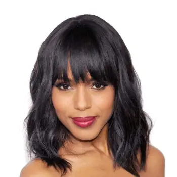 Factory direct sale Short Loose Body Wave  Hair Wig With Bangs shoulder length Black Wavy Synthetic Wigs For African Black Women
