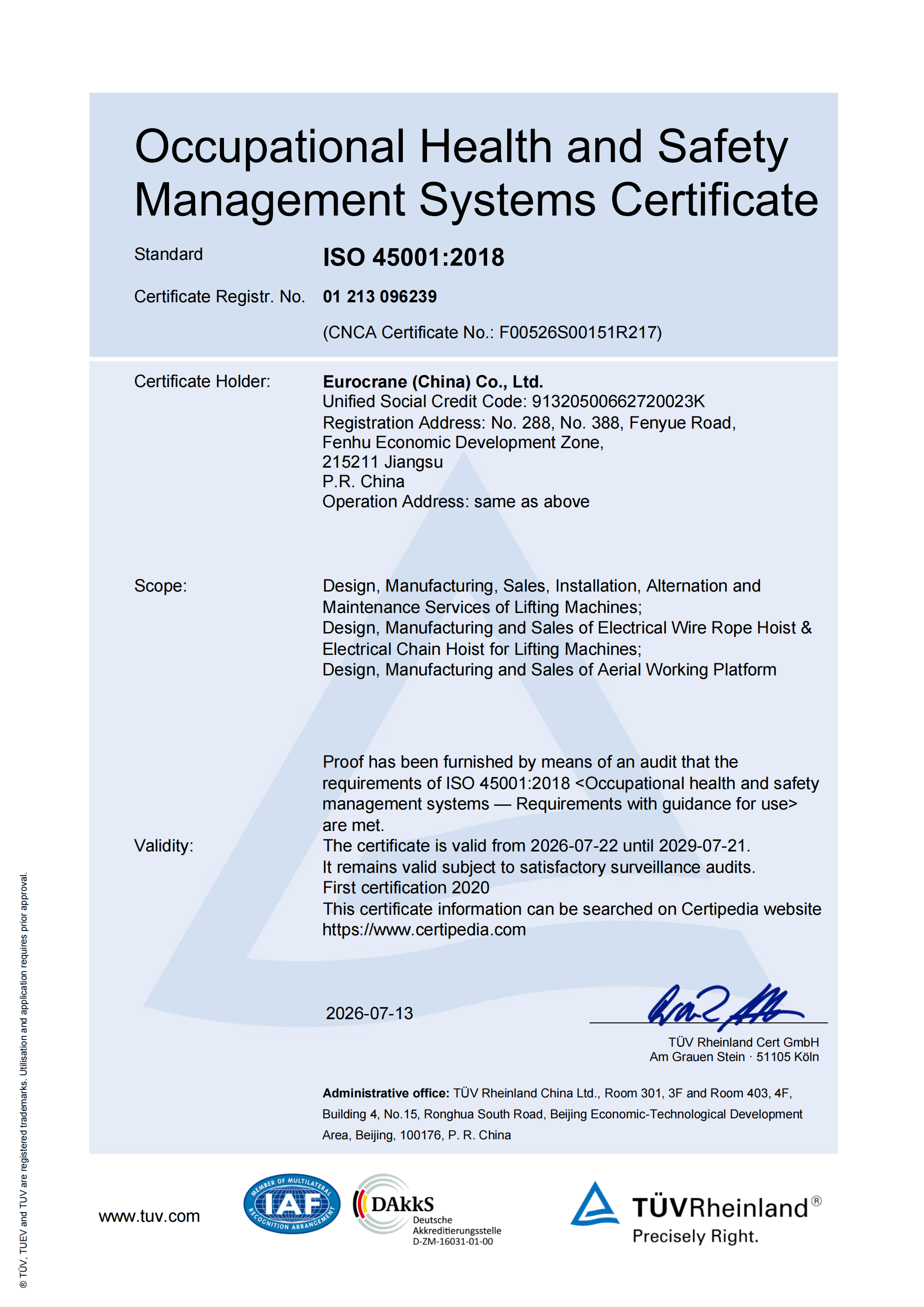 Eurocrane ISO 45001:2018 Occupational Health and Safety Management Systems Certificate certified by TÜV Rheinland