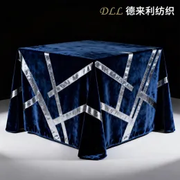 Navy Blue Velvet Tablecloth with Silver Geometric Lines