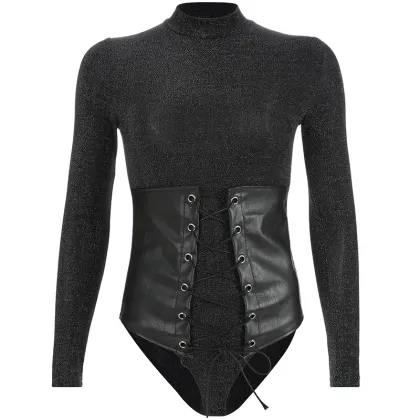 Long Sleeve Casual Bodysuit with PU belt