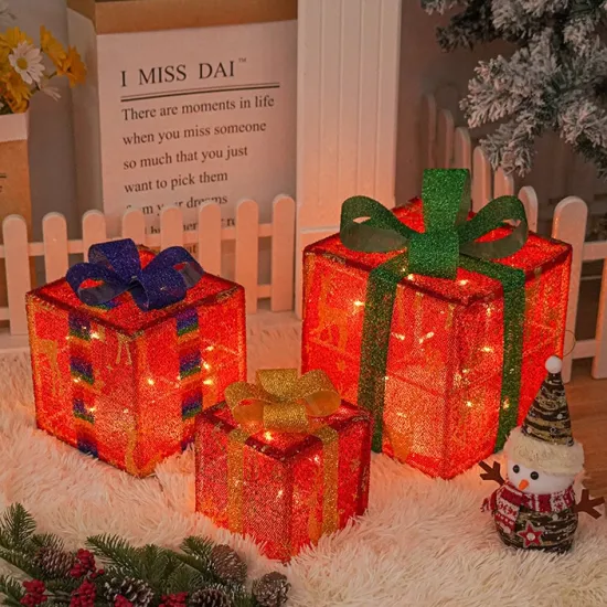 Low Price 3PCS/Set Rectangular Christmas Decoration Gift Boxes with LED Light