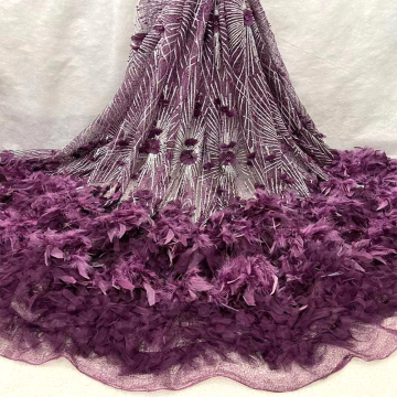 3D Feathers Flower with Sequins Beaded African Lace Fabric