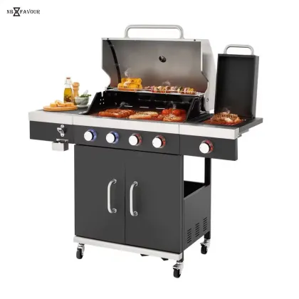 Stainless Steel 4-Burner BBQ Cabinet Style Propane Electronic Ignition Controls & Side Burner Gas Grill Stove