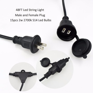48FT led string light male and female plug 15pcs 2700k 2w S14 led bulbs