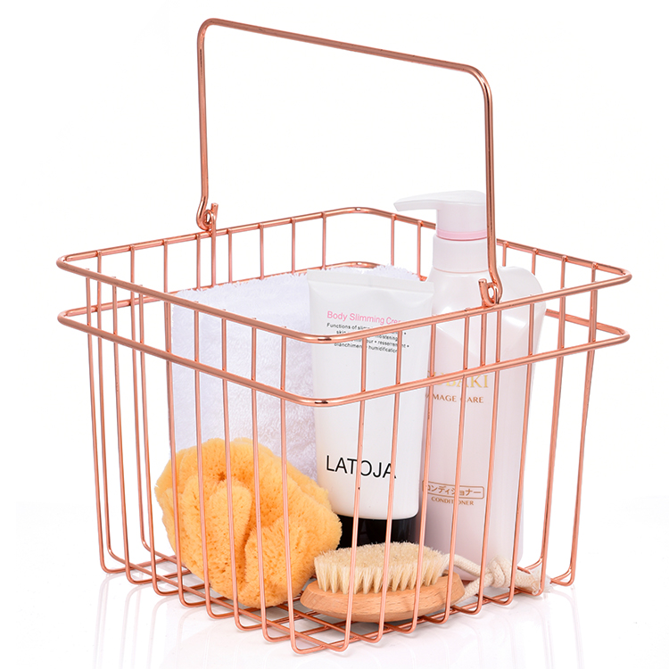 Rose gold metal shower storage basket with handle