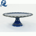 Custom Ceramic Blue High-legged Hemming Fruit Plate