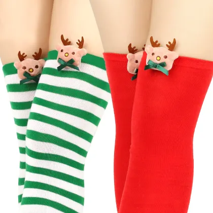 Wholesale Christmas Striped Over Knee Socks with Santa Bow
