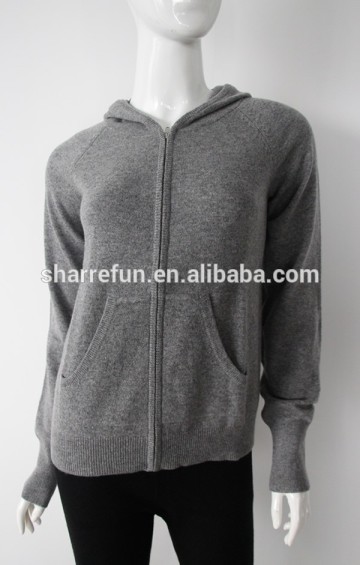 slim fit plain knitted 12gg ladies cashmere hooded zipper cardigan