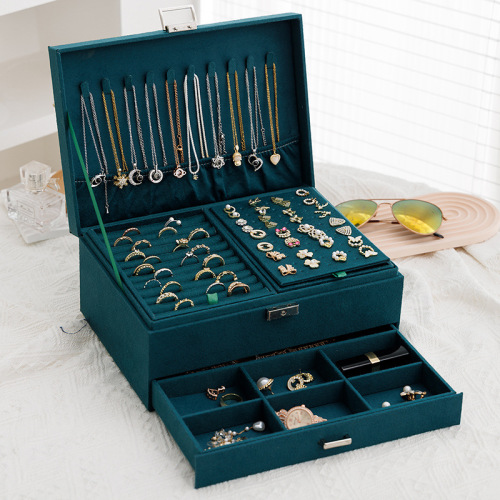 3-Layers Green Velvet Lock Jewelry Organizer Box