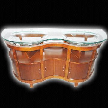 Wooden Cabinet with 19mm-thick Glass Basin Countertop as Vanity