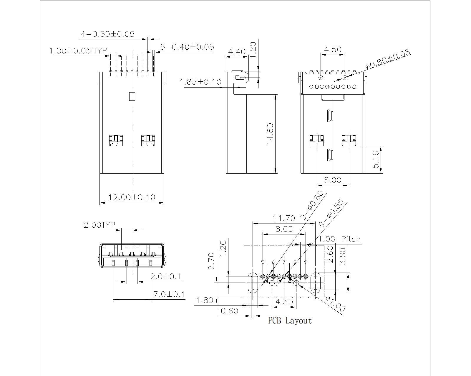 U3AMR01 USB 3.0 A Type Plug Angle DIP Drop-in