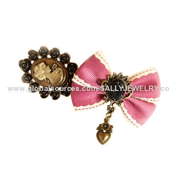 Beauty head barrette, made of alloy accessories, ribbon and resin diamond, antique bronze plating