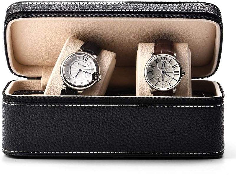Pu Leather Zippered 2 Slots Travel Watches case