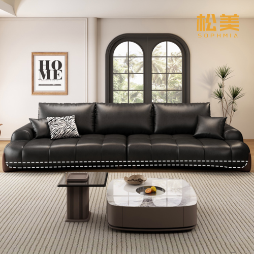 Черный модульный диван из натуральной кожи с тафтингом