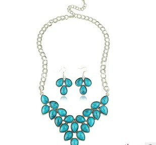 Colorful Imitation Stone Antique Necklace Set, Drop Shape (XJW12587)