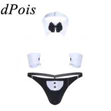 Sexy Mens Waiter Lingerie Suit Man Erotic Cosplay Costume Gay Tuxedo G-string Thong Underwear & Bow Tie Collar Bracelets