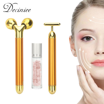 3 in 1 24k Energy Beauty Bar Golden Pulse Vibrating Facial Roller Massager Face Lifting Skin Care Tool with Gemstone Roller Ball