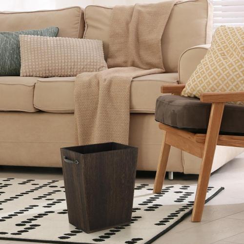 Rustic Brown Wooden Trash Can with Metal Handle