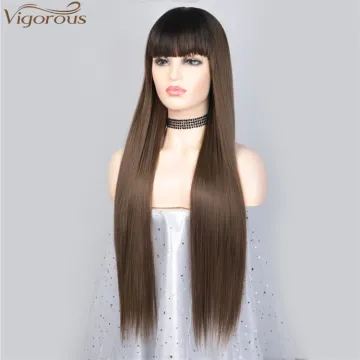 Vigorous Long Ombre Brown Wig Silky Straight Hair Wigs with Bangs Synthetic Hair Full Wigs for Women (Brown Straight with Bangs)