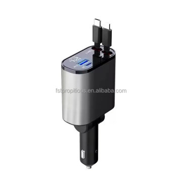 4 in 1 Retractable Car Charger USB Type C and Lightning Cable for iPhone and Android