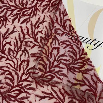 Burgundy Leaves Lace Mesh Sequin Embroidery Fabric