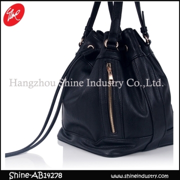 pu leather shoulder bag/black bucket bag/stylish zippers women handbag