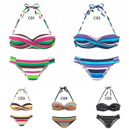 Stunning Retro Striped Push-up Bikini Sets: Halter Lace-Up Two-Piece Swimsuits for Sexy Girls