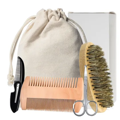 6PCS Beard Care Set: Boar Bristle Brush, Pearwood Comb, Mustache Comb, Nose Hair Scissors
