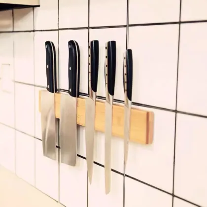 Custom Hevea Acacia Wooden Magnetic Knife Block Holder Rack