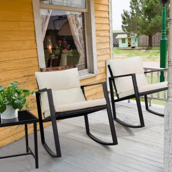 3 Piece Rocking Bistro Set Wicker Patio Outdoor Furniture Porch Chairs Conversation Sets with Glass Coffee Table
