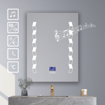 Smart Rectangular LED Mirror with Music Player, Defogger, Clock, Temperature Display, and Diamond Lights for Bathroom