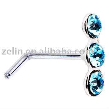 Sterling Silver Aqua Trio Gem L-Shaped Nose Ring