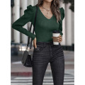 Women V Neck Knitted Puff Sleeve Sweater