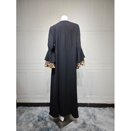 Siyah Leopar Fırfır Kol Açık Kimono Abaya