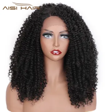 Aisi Hair Medium Long Afro Curly Fluffy Wig Natural Black Kinky Lace Frontal Wig Synthetic Lace Front Hair Wigs For Black Women