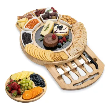 Wholesale Round  Rotary Bamboo charcuterie board Cheese Board with Knife Set