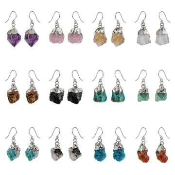Gemstone Raw Rough Stone Hoop Earring Crystal Amethyst Quartz Rough Stone Pendant Earrings for Women Natural Stone Rough Earring