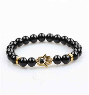Hot selling fashion 8mm natural black onyx agate gold plated evil eye bead bracelet man beads bracelet