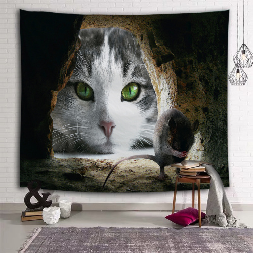 Cat Look at Scared Mouse Tapestry Animal Unique Wall Hanging 3D Print Wall Tapestry for Kids Livingroom Bedroom Home Dorm Decor